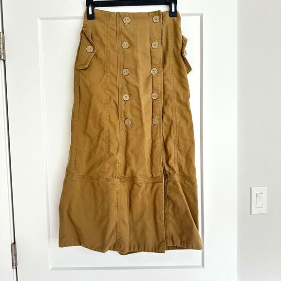 Farm Rio Tan Button Front Midi Skirt | Military Style Utility Skirt with Pockets - Picture 4 of 9